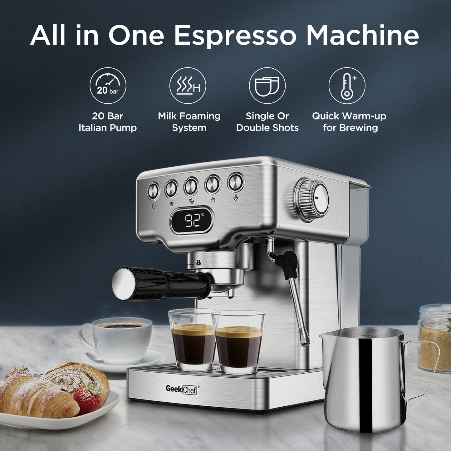 Geek Chef Espresso Machine, 20 Bar Espresso Machine With Milk Frother For Latte, Cappuccino, Macchiato, For Home Espresso Maker, 1.8L Water Tank & Stainless Steel.