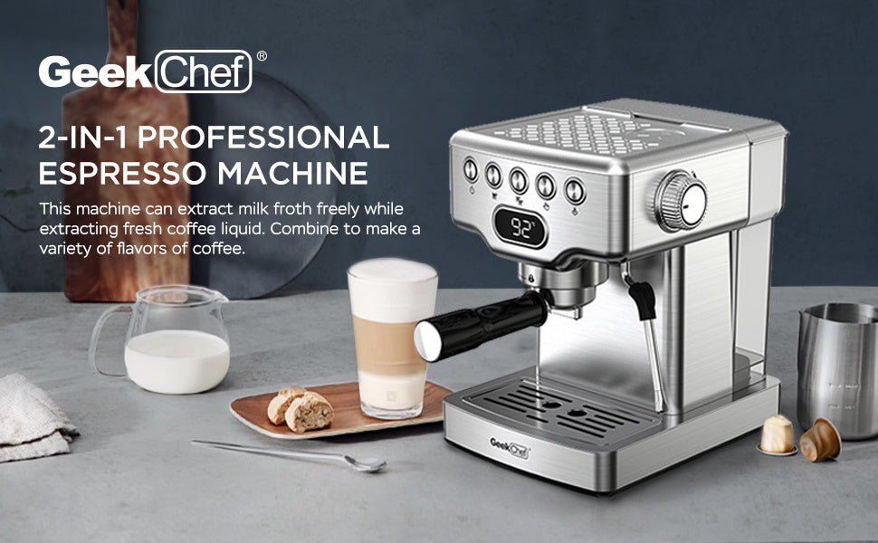 Geek Chef Espresso Machine, 20 Bar Espresso Machine With Milk Frother For Latte, Cappuccino, Macchiato, For Home Espresso Maker, 1.8L Water Tank & Stainless Steel.